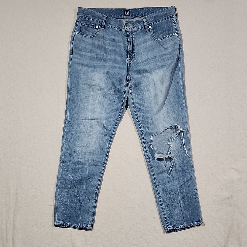 Gap Best Girlfriend Distressed Blue Cotton / Linen Blend‎ Jeans Size 31